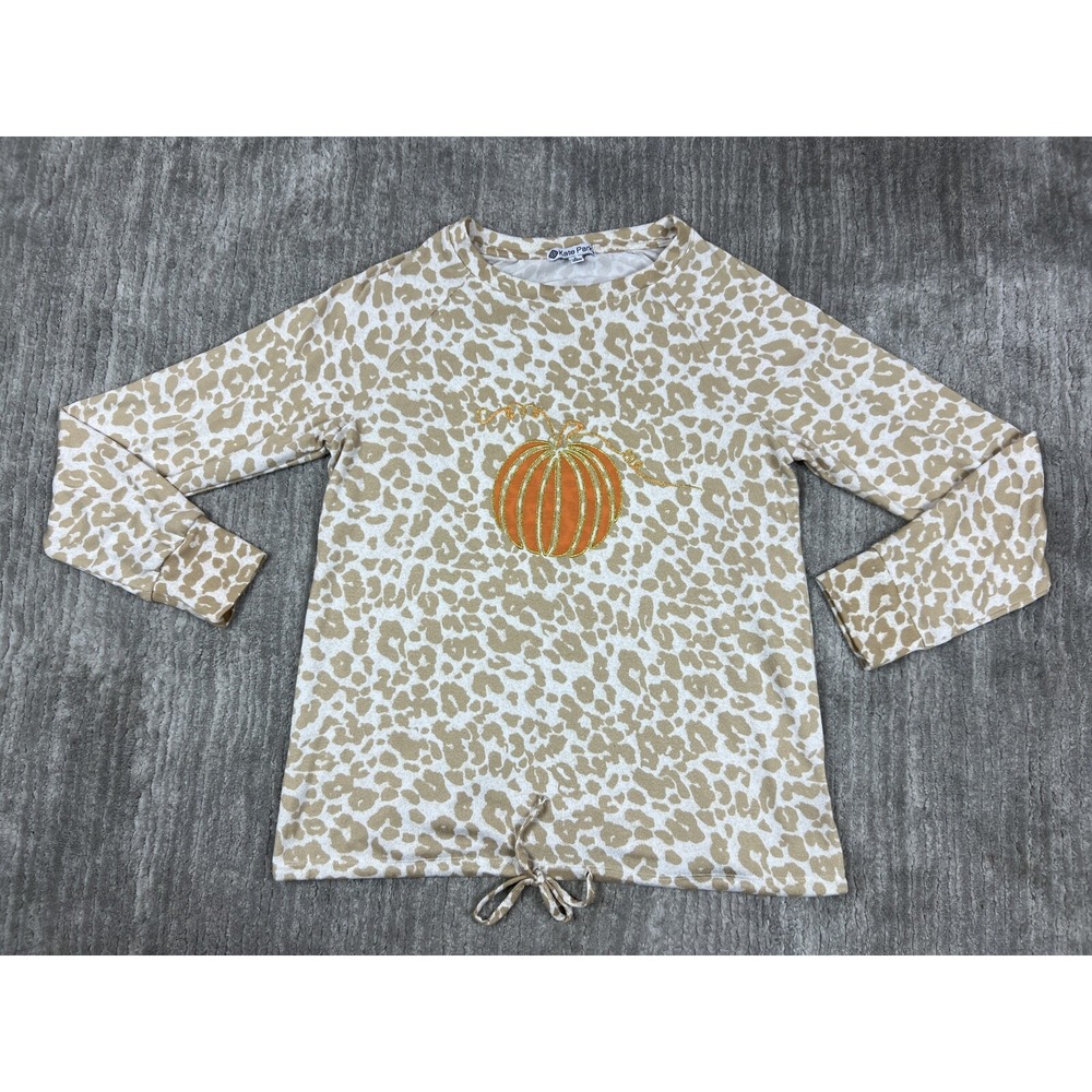 Kate Park Sweatshirt Womens Small Tan Leopard Pumpkin Graphic Drawstring Hem Top